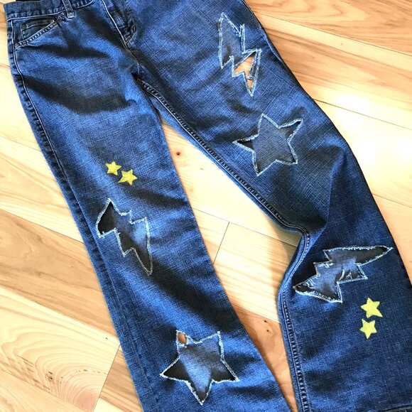 Upcycled Jones New York Destroyed Ripped Jeans, Stars & Bolts Cutouts, Size 4 - Picture 7 of 12